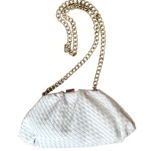 White House Black Markets White Vegan woven Leather Handbag with gold chain.